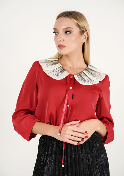 Crimson Canvas: Feather Collar Silk Top