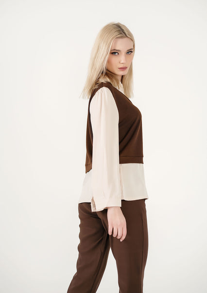 Layered Luxe: Two-Tone Knit Vest and Silk Shirt Ensemble