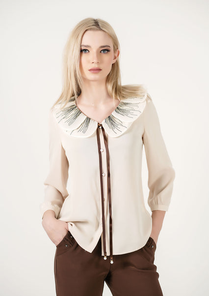 Chic Contrast: Feather-Print Collar Silk Shirt