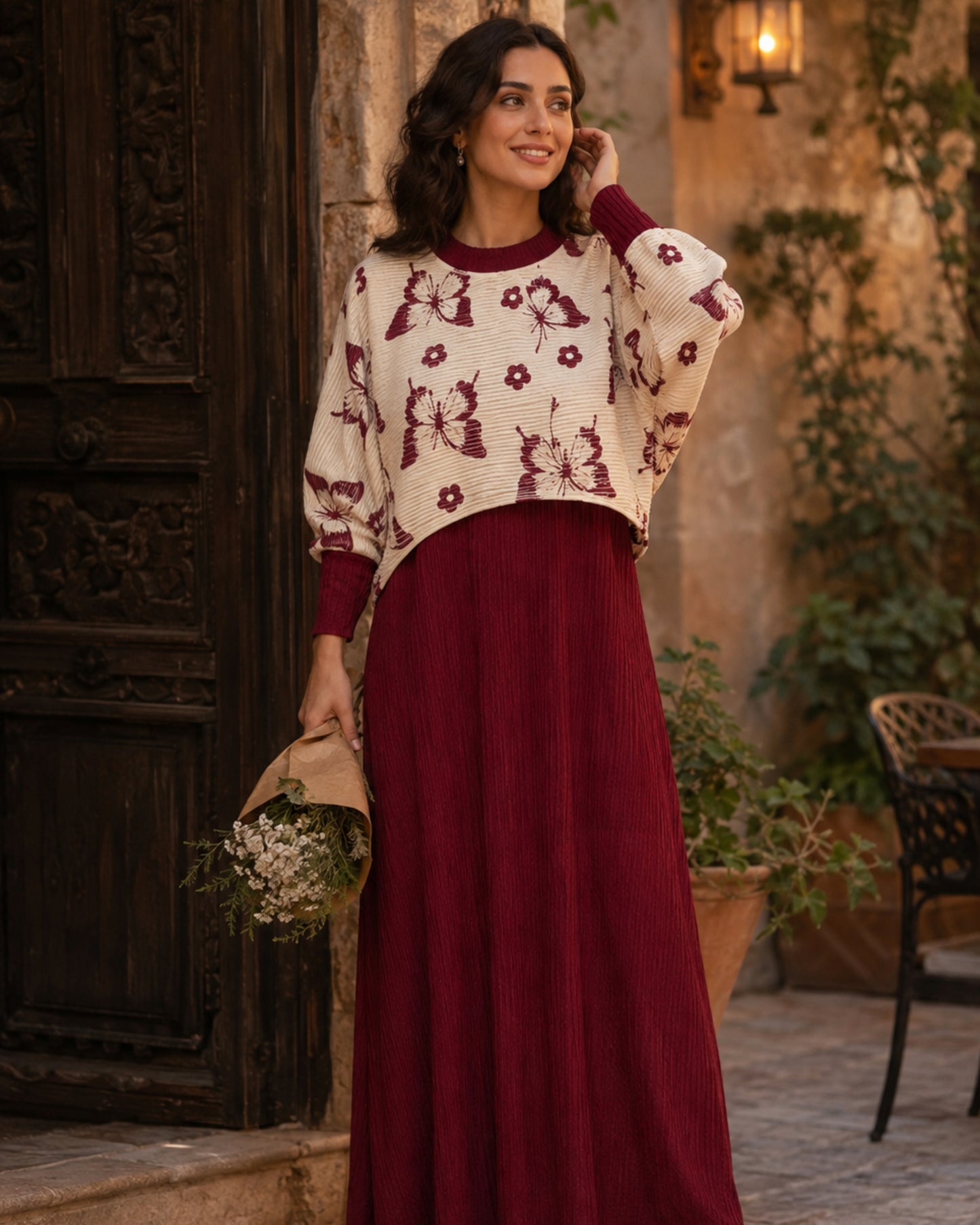 Two-Piece Butterfly Print Pleated Dress - Maroon