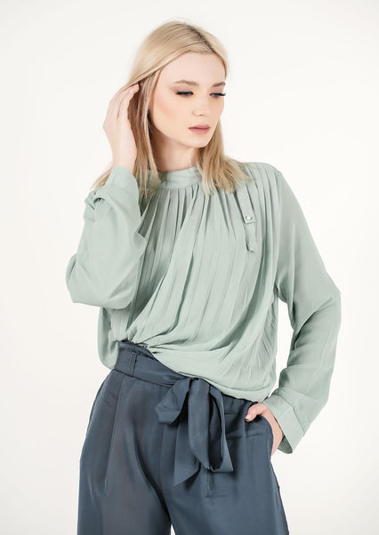 Minted Serenity: Pleated Detail Silk Shirt