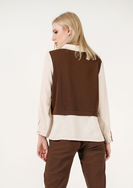 Layered Luxe: Two-Tone Knit Vest and Silk Shirt Ensemble