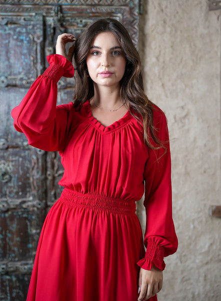 Graceful Red Maxi: Pleats Meet Chic - Elegant Waves