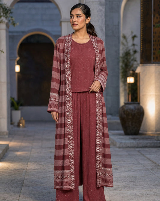 Three-piece -Embellished Shirt, Trouser And Cardigan Set -Maroon