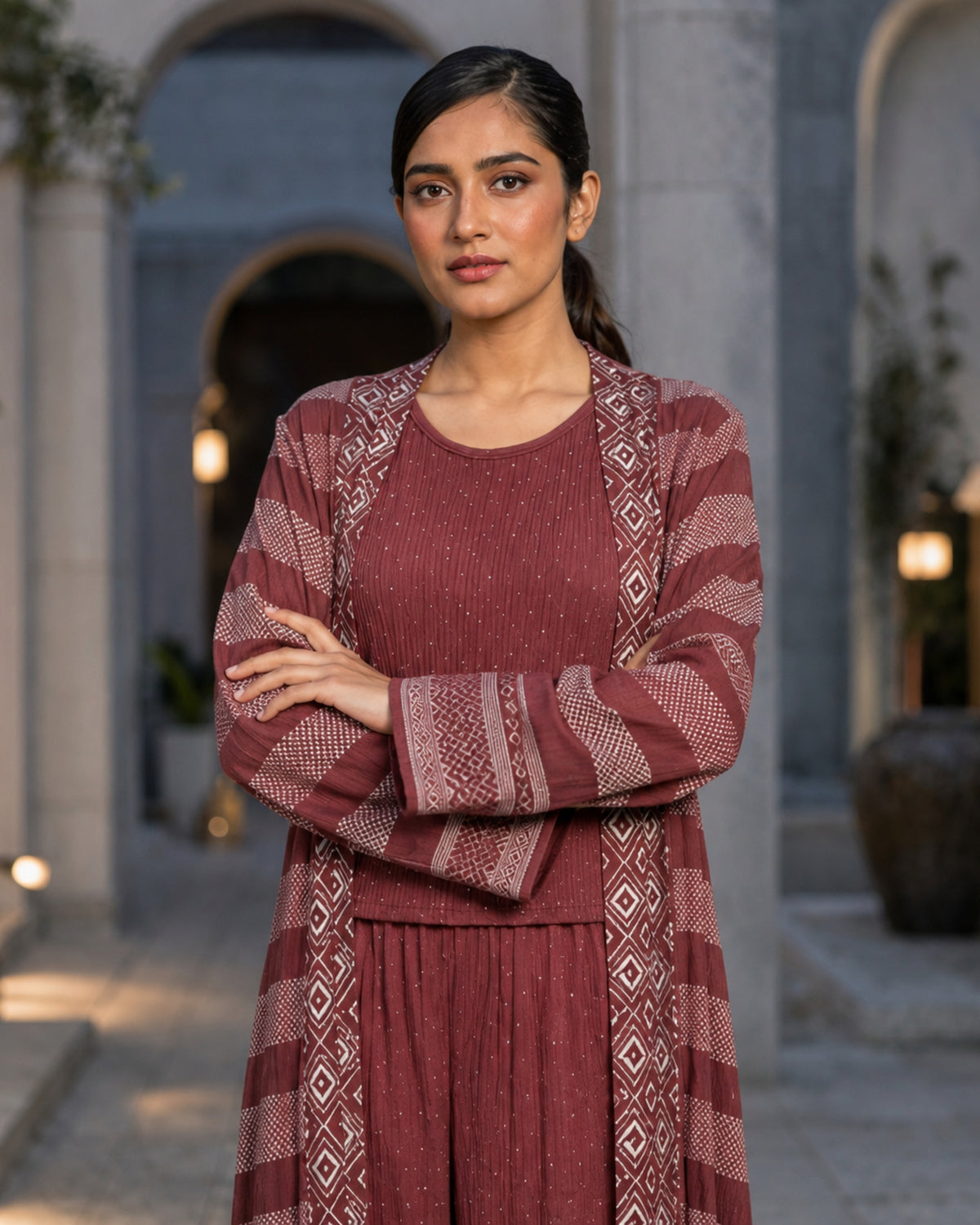 Three-piece -Embellished Shirt, Trouser And Cardigan Set -Maroon