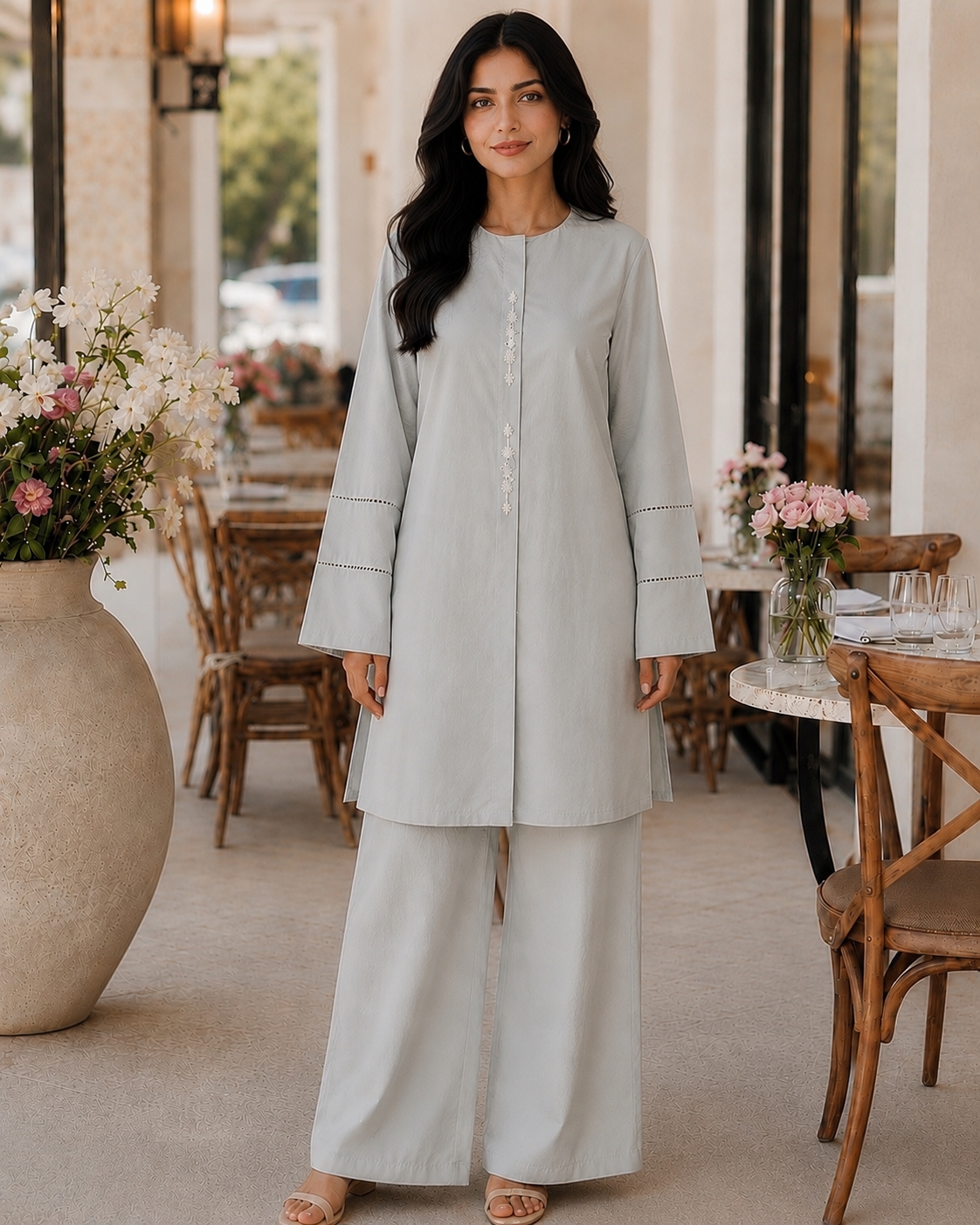 Cotton Two-Piece Kurta & Trouser - Grey