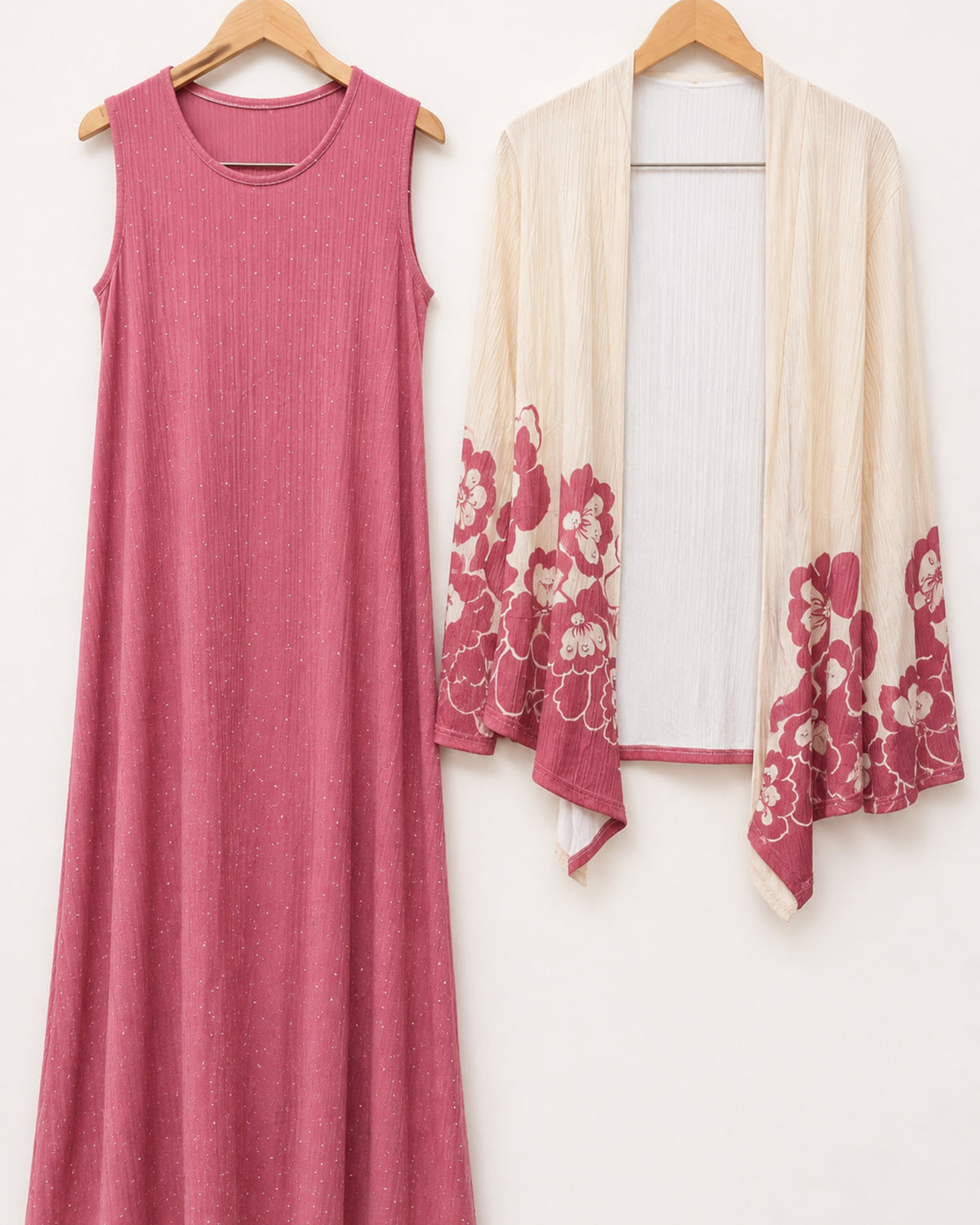 Two-Piece Floral Print Maxi Dress & Cardigan Set - Pink