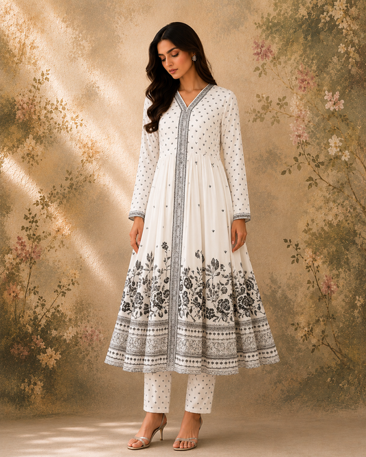 Two Piece Printed Lawn Set - Black