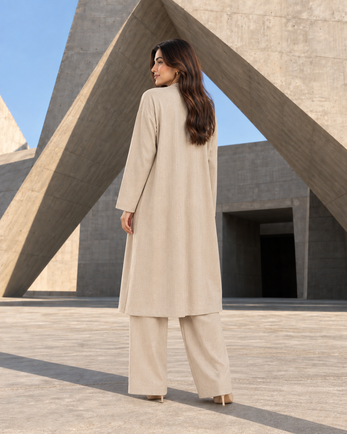 FW26 - Three-piece Vertical Line Coat, Waistcoat & Trouser - Beige