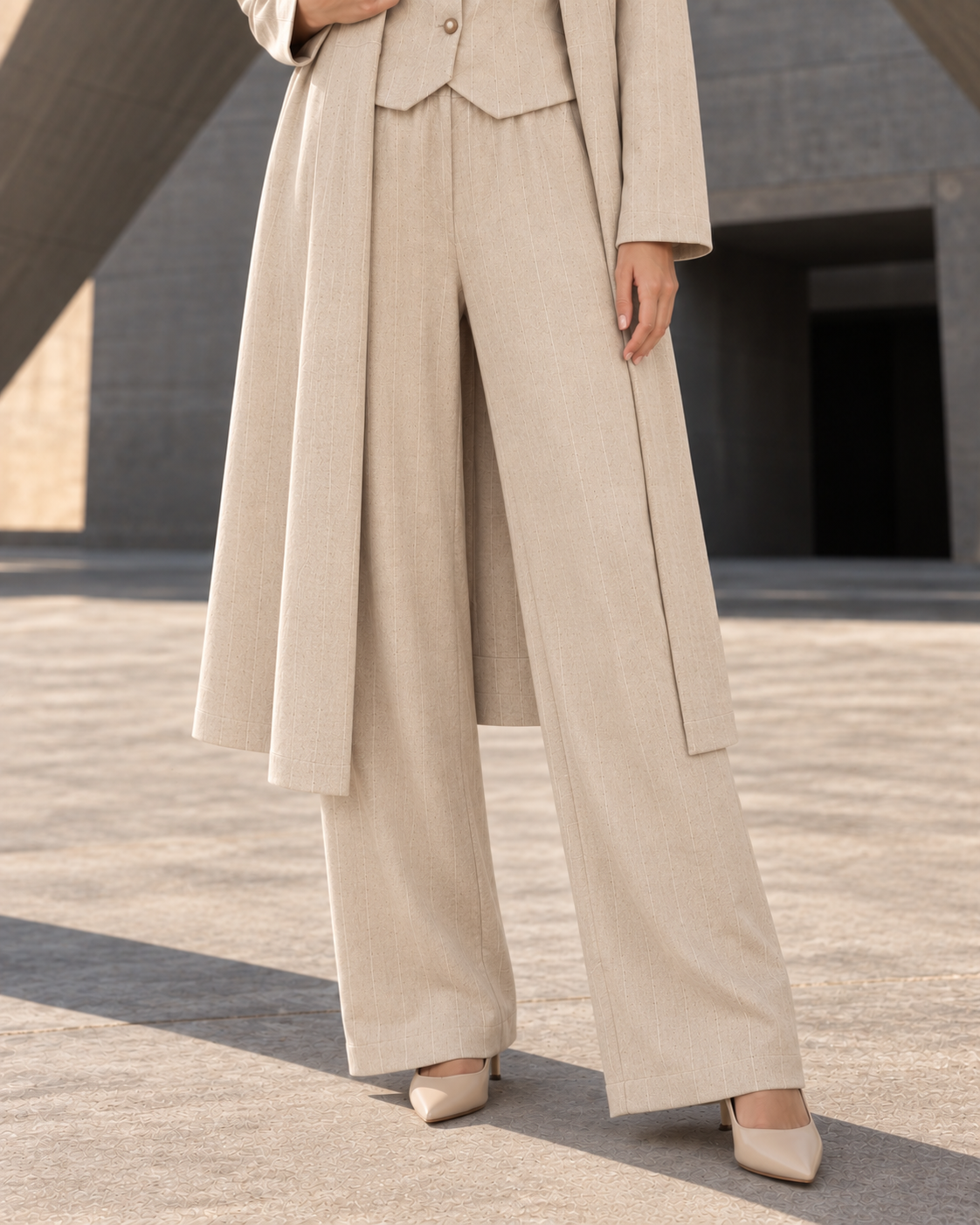 FW26 - Three-piece Vertical Line Coat, Waistcoat & Trouser - Beige