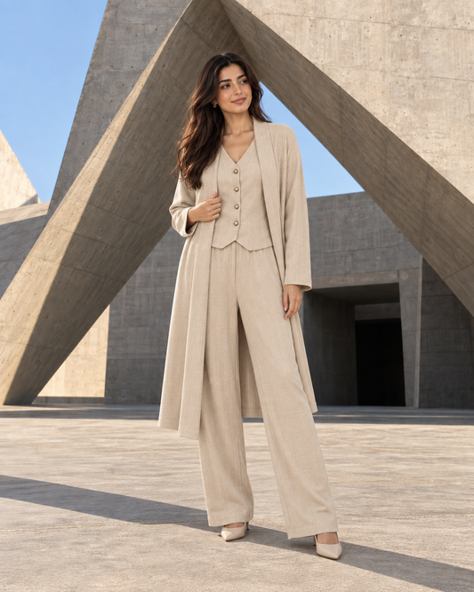 FW26 - Three-piece Vertical Line Coat, Waistcoat & Trouser - Beige