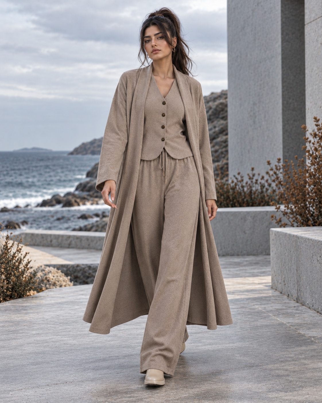 FW26 -Three-piece  Vest, Trousers & Long Coat Set - Beige