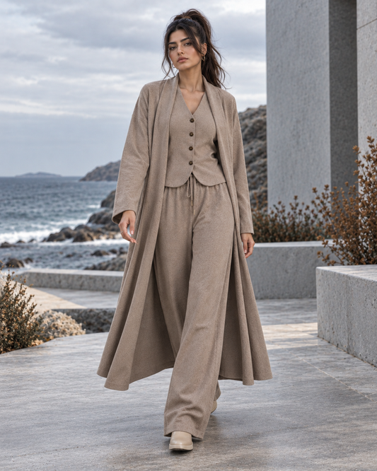 FW26 -Three-piece  Vest, Trousers & Long Coat Set - Beige
