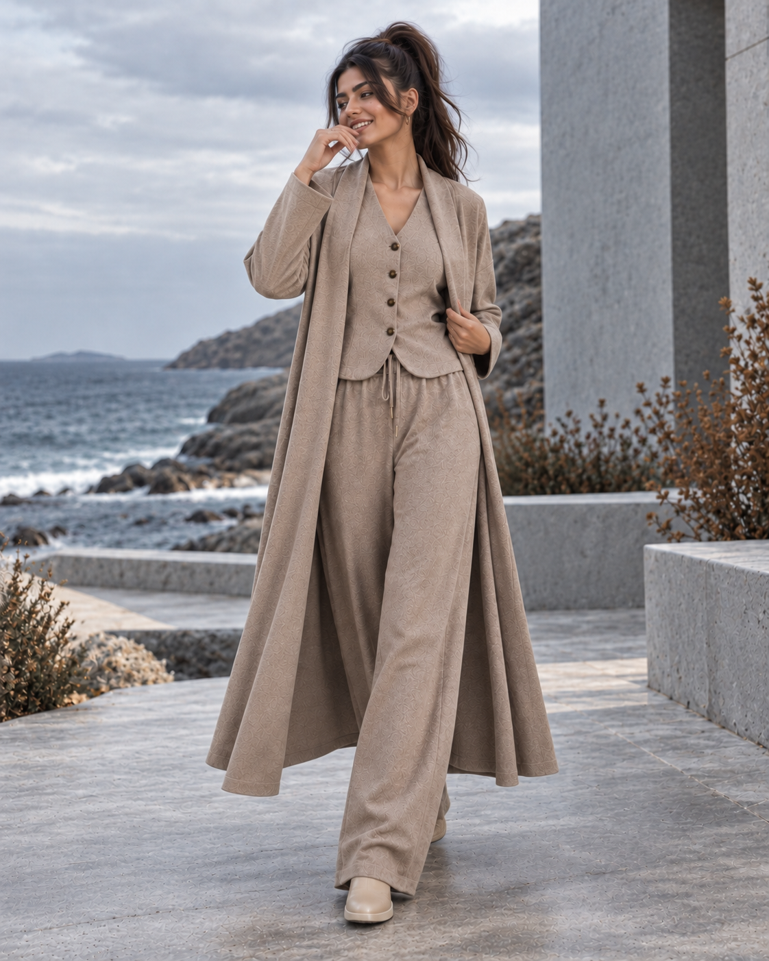 FW26 -Three-piece  Vest, Trousers & Long Coat Set - Beige