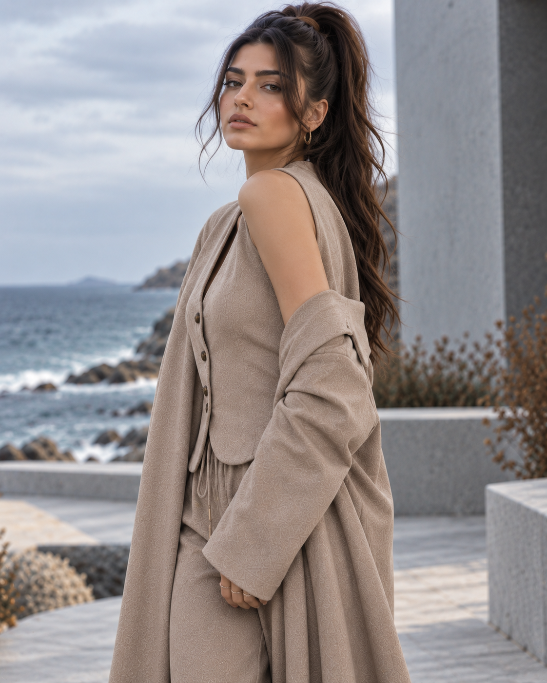 FW26 -Three-piece  Vest, Trousers & Long Coat Set - Beige