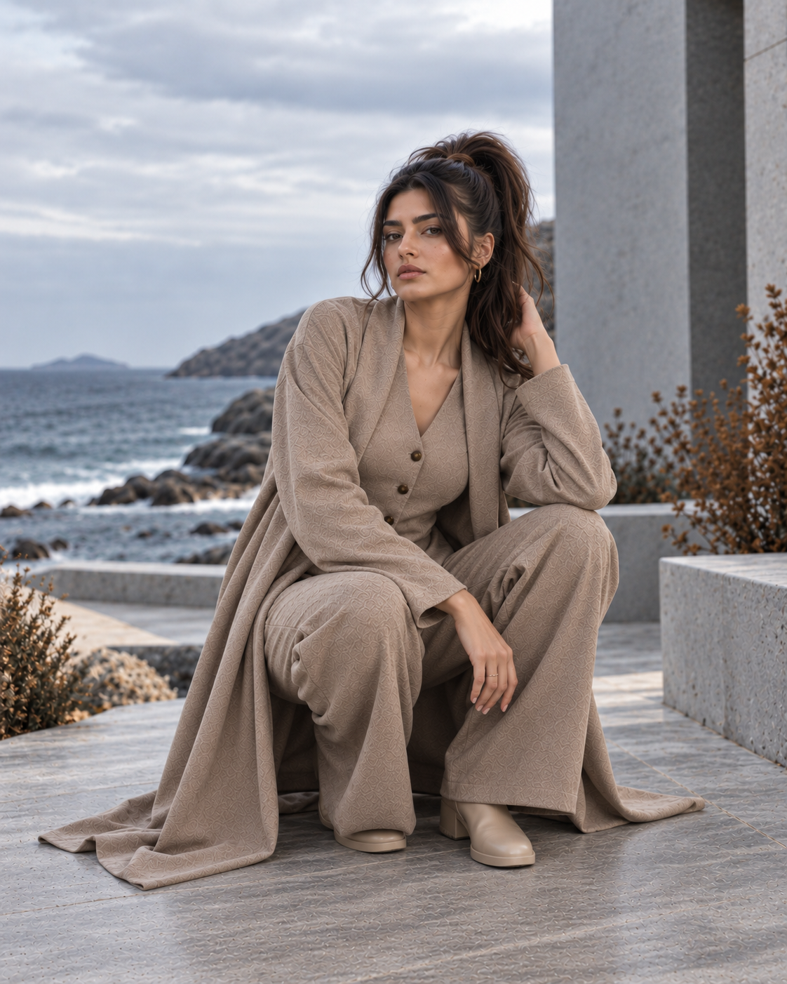 FW26 -Three-piece  Vest, Trousers & Long Coat Set - Beige