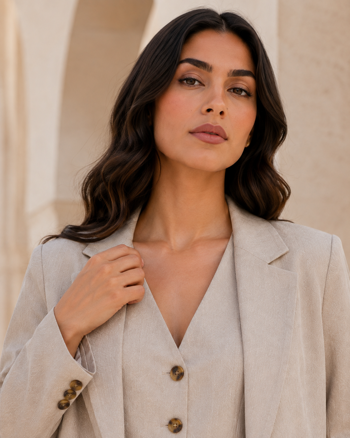 Three-piece Tailored Ensemble Blazer, Wasit Coat And Trouser - BEIGE