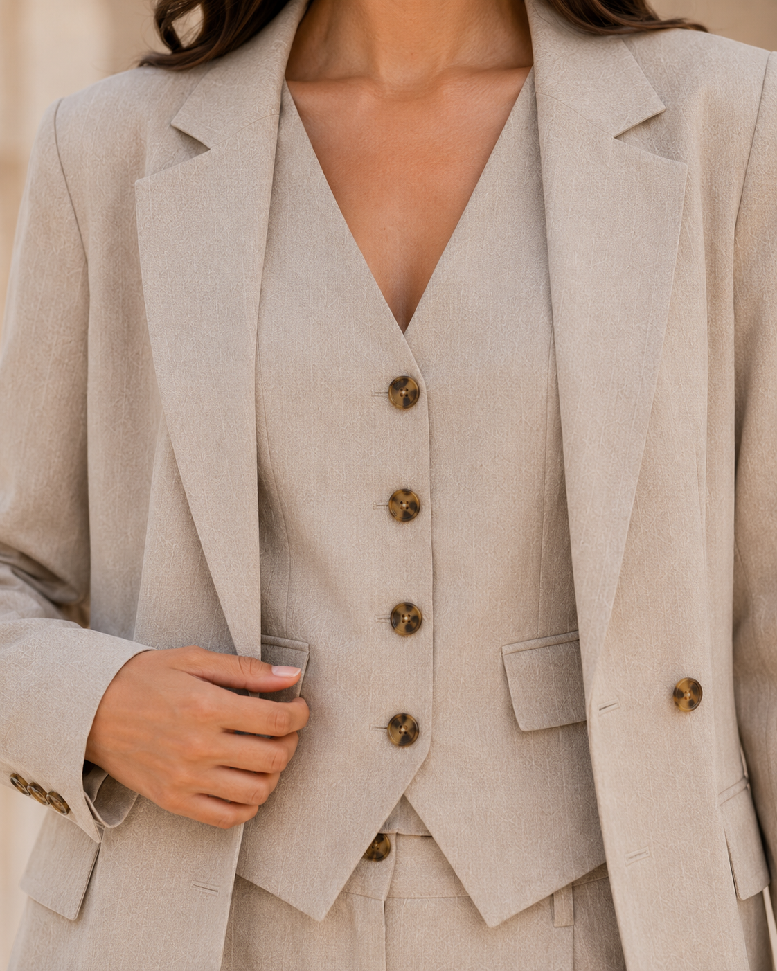Three-piece Tailored Ensemble Blazer, Wasit Coat And Trouser - BEIGE