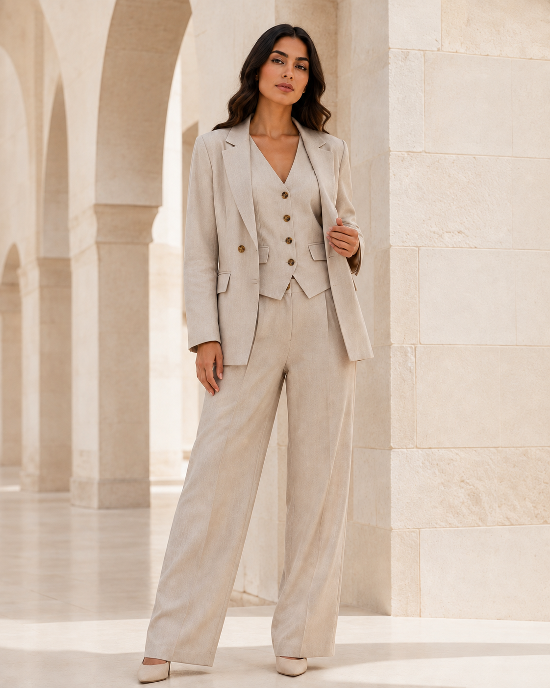 Three-piece Tailored Ensemble Blazer, Wasit Coat And Trouser - BEIGE