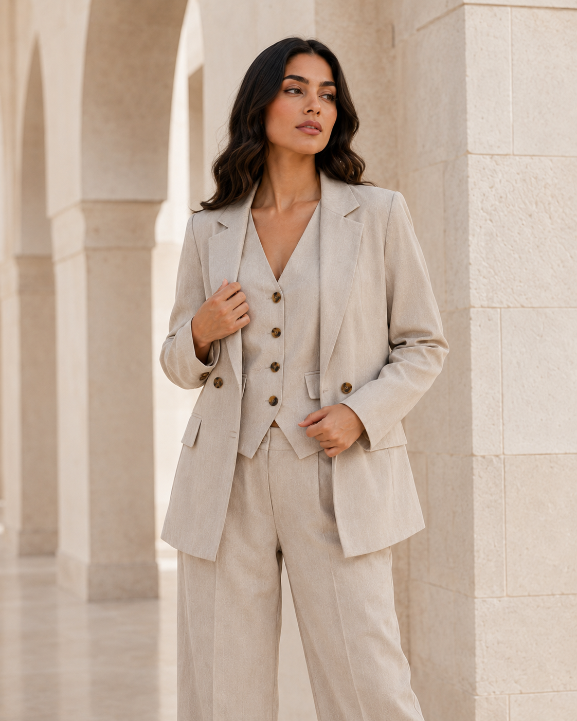 Three-piece Tailored Ensemble Blazer, Wasit Coat And Trouser - BEIGE