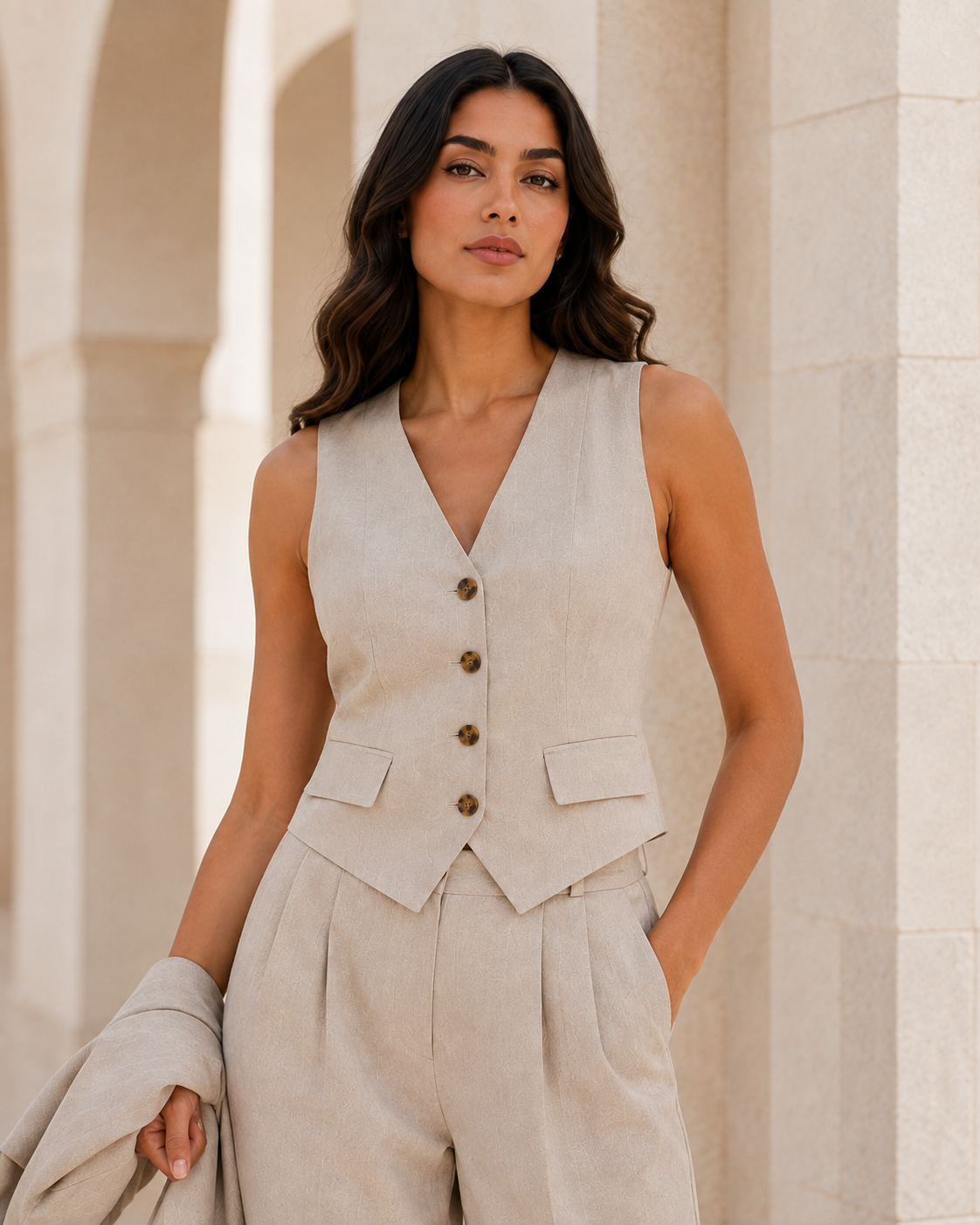 Three-piece Tailored Ensemble Blazer, Wasit Coat And Trouser - BEIGE