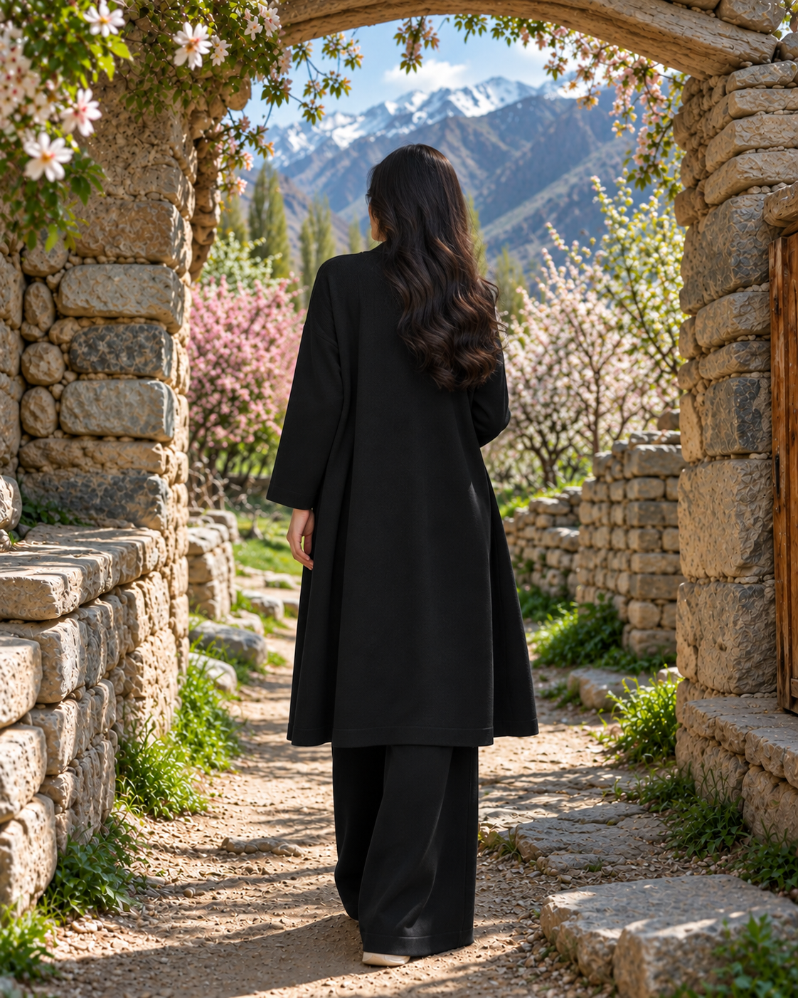 FW26 -Three-piece Long Coat  With Crew Neck Inner & Trouser - Black
