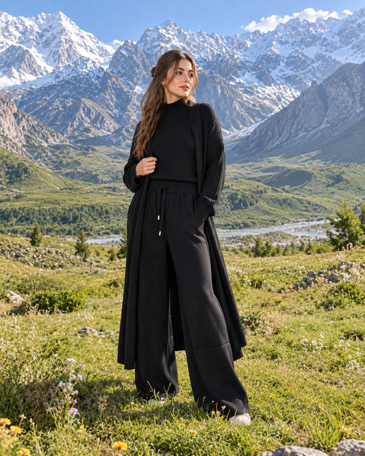 FW26 - Three-piece  Long Coat With Funnel Neck Inner & Trouser - Black