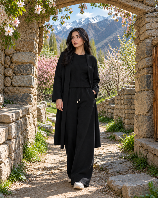 FW26 -Three-piece Long Coat  With Crew Neck Inner & Trouser - Black
