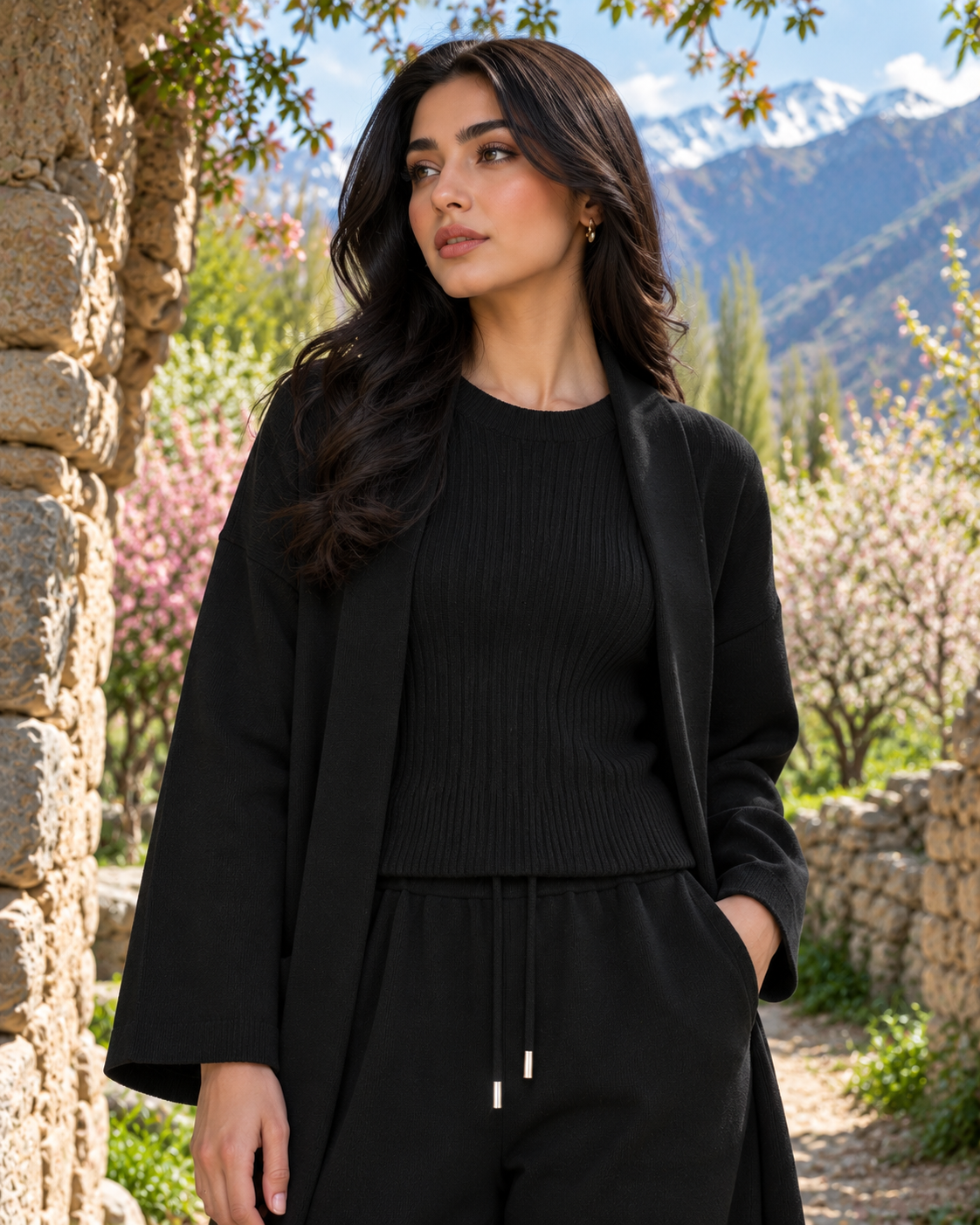 FW26 -Three-piece Long Coat  With Crew Neck Inner & Trouser - Black