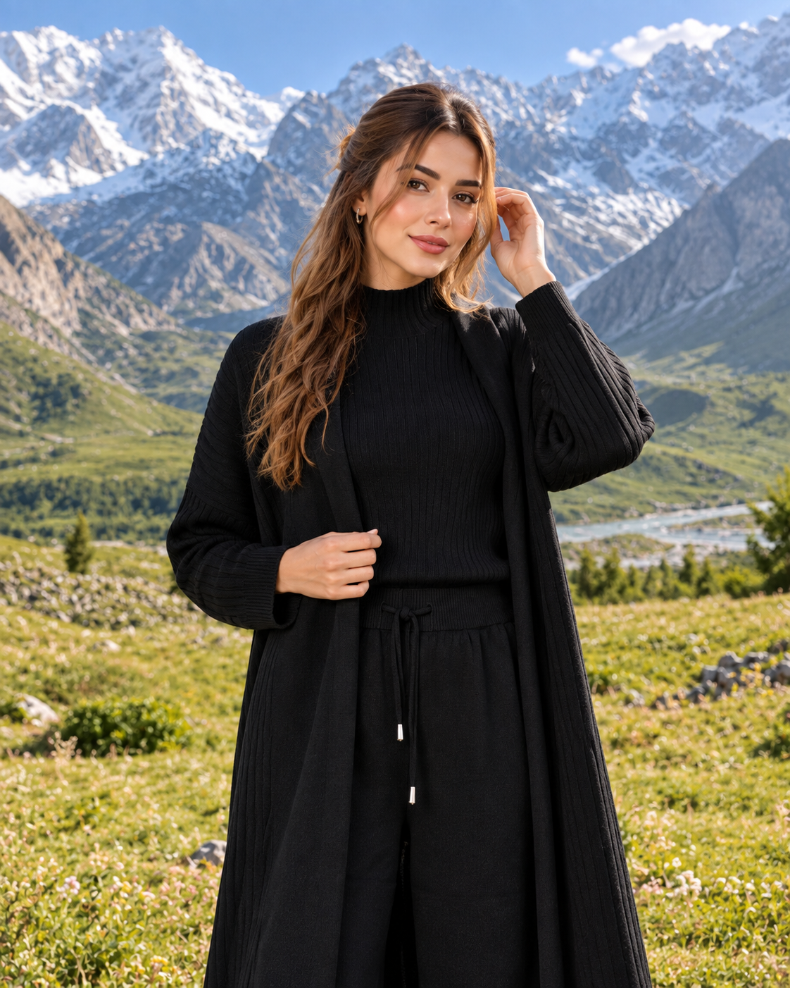 FW26 - Three-piece  Long Coat With Funnel Neck Inner & Trouser - Black