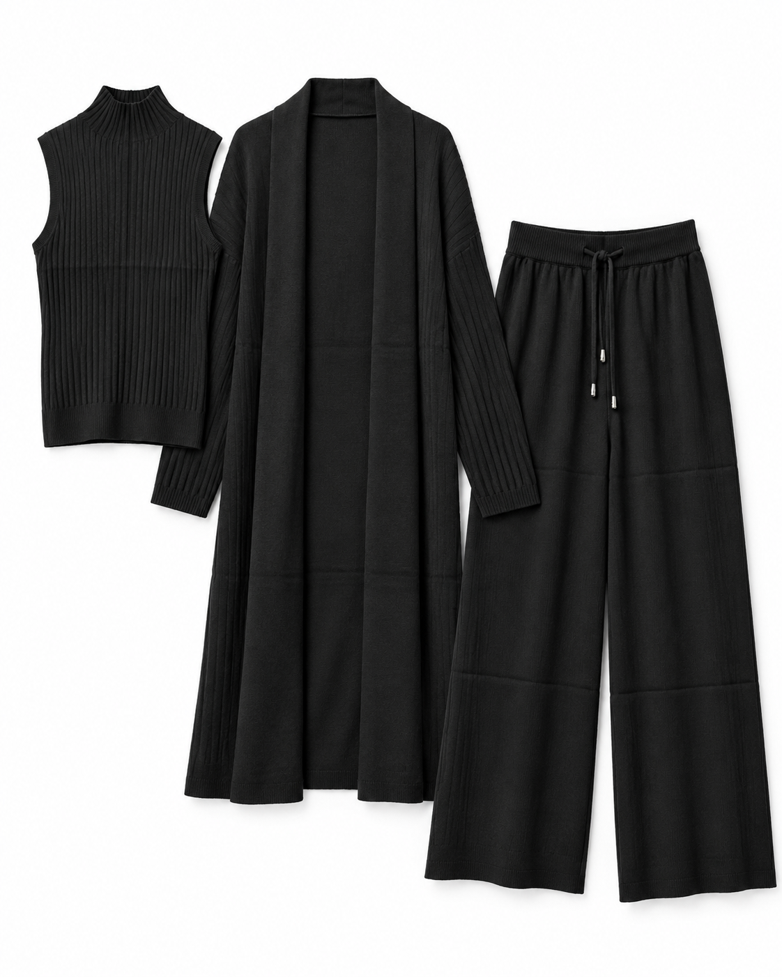 FW26 - Three-piece  Long Coat With Funnel Neck Inner & Trouser - Black