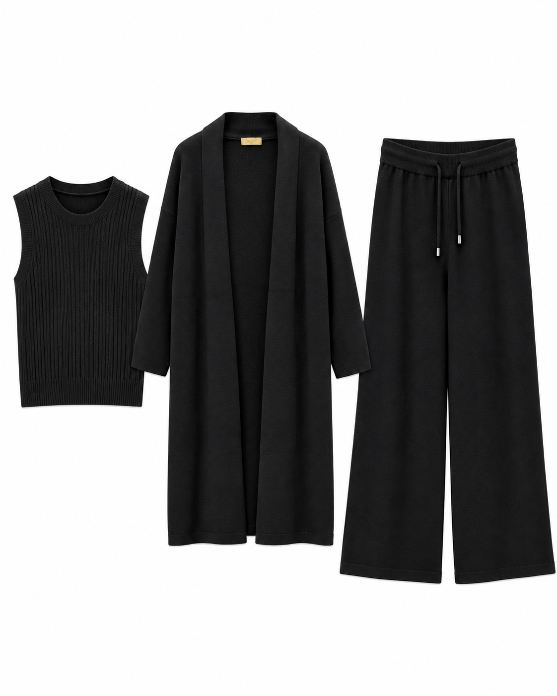 FW26 -Three-piece Long Coat  With Crew Neck Inner & Trouser - Black