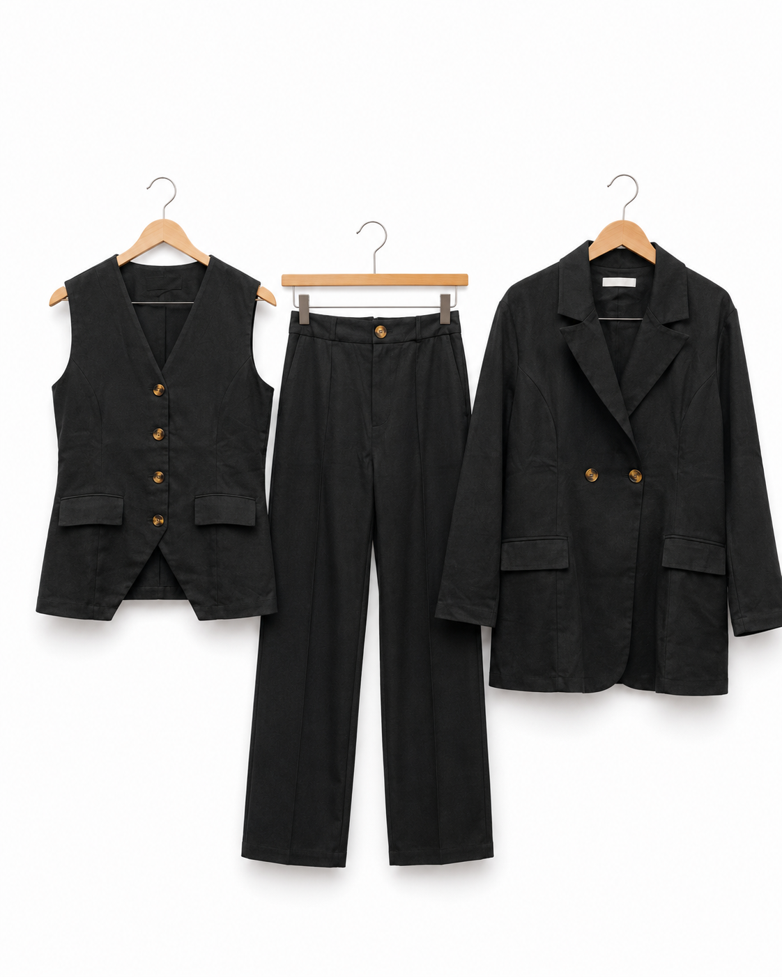 Three-piece Tailored Ensemble Blazer, Wasit Coat And Trouser - Black