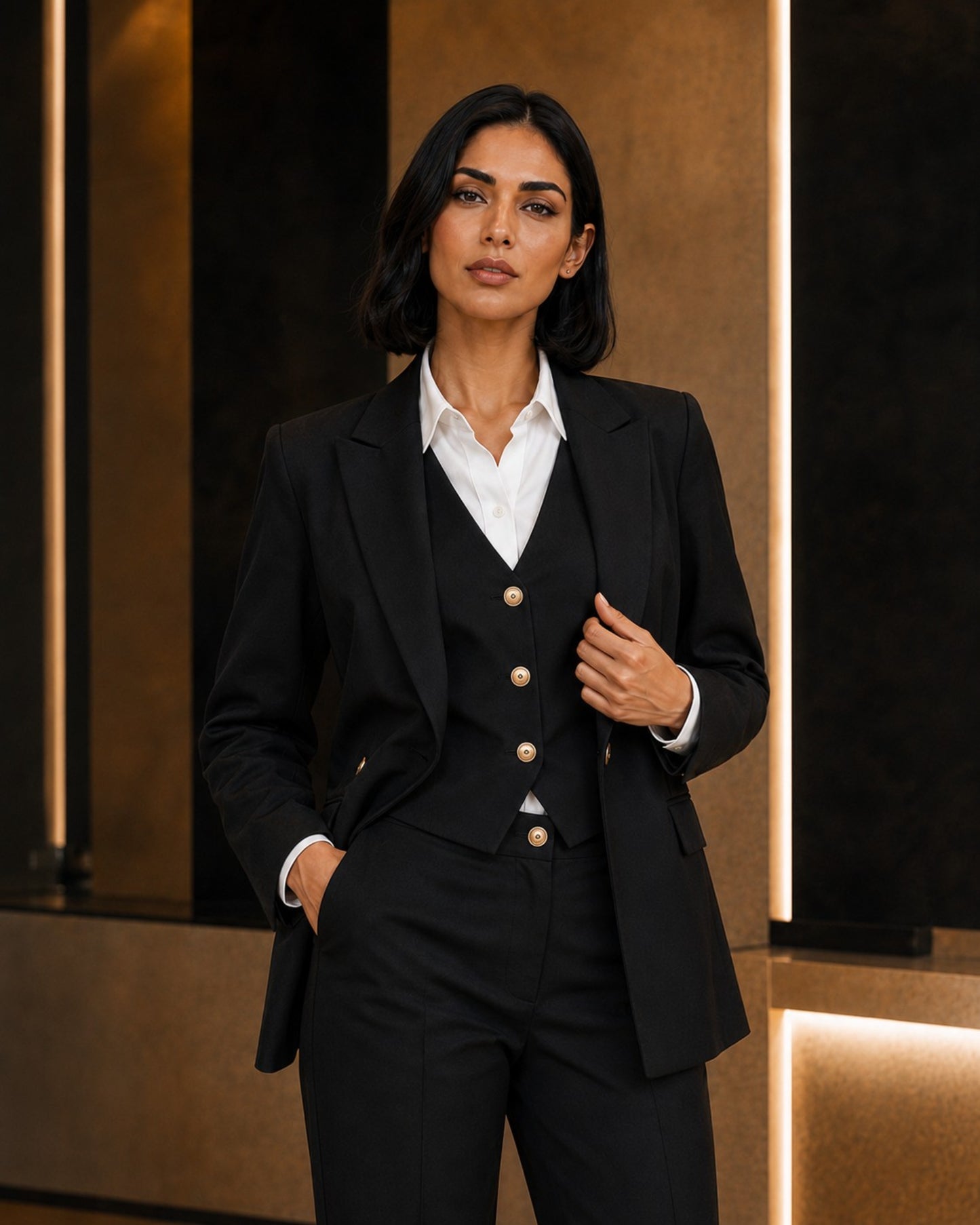 Three-piece Tailored Ensemble Blazer, Wasit Coat And Trouser - Black