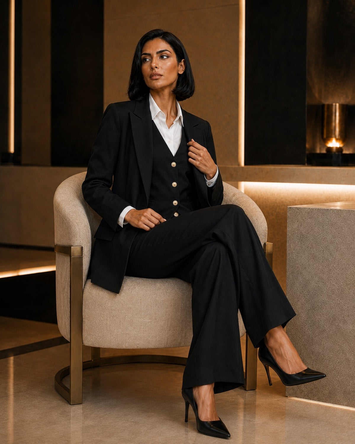 Three-piece Tailored Ensemble Blazer, Wasit Coat And Trouser - Black