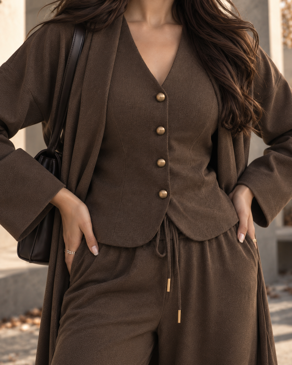FW26 -Three-piece  Vest, Trousers & Long Coat Set - Brown