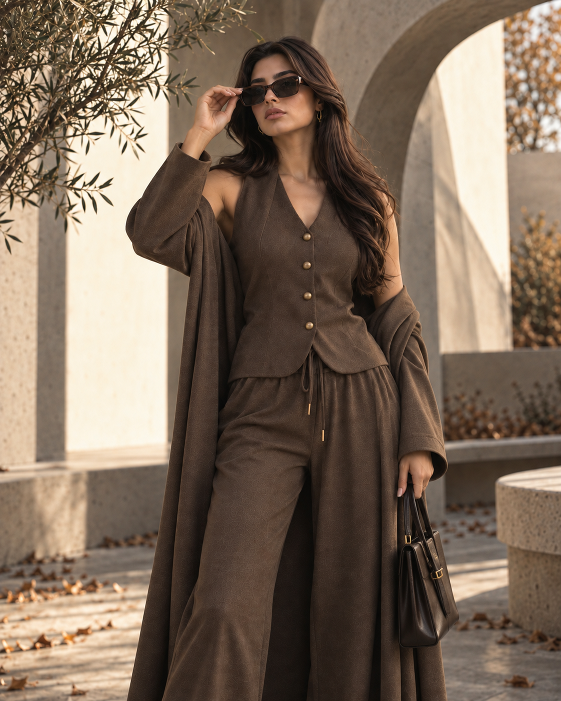 FW26 -Three-piece  Vest, Trousers & Long Coat Set - Brown