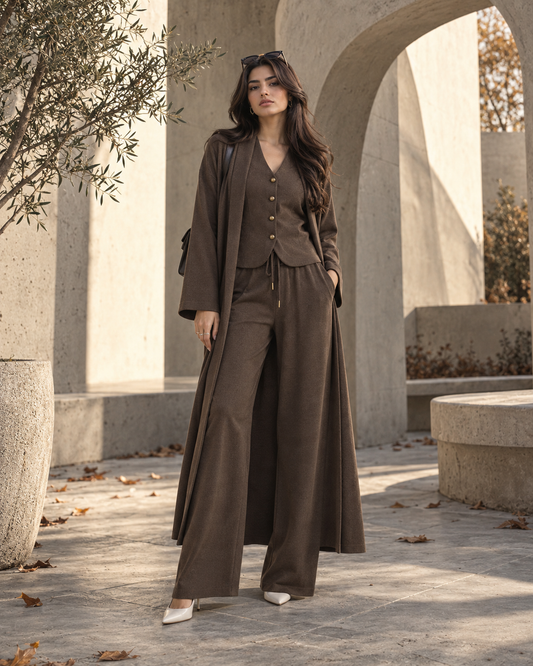 FW26 -Three-piece  Vest, Trousers & Long Coat Set - Brown