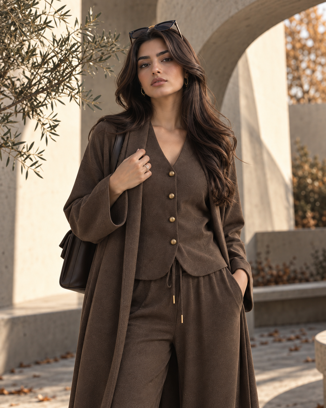 FW26 -Three-piece  Vest, Trousers & Long Coat Set - Brown