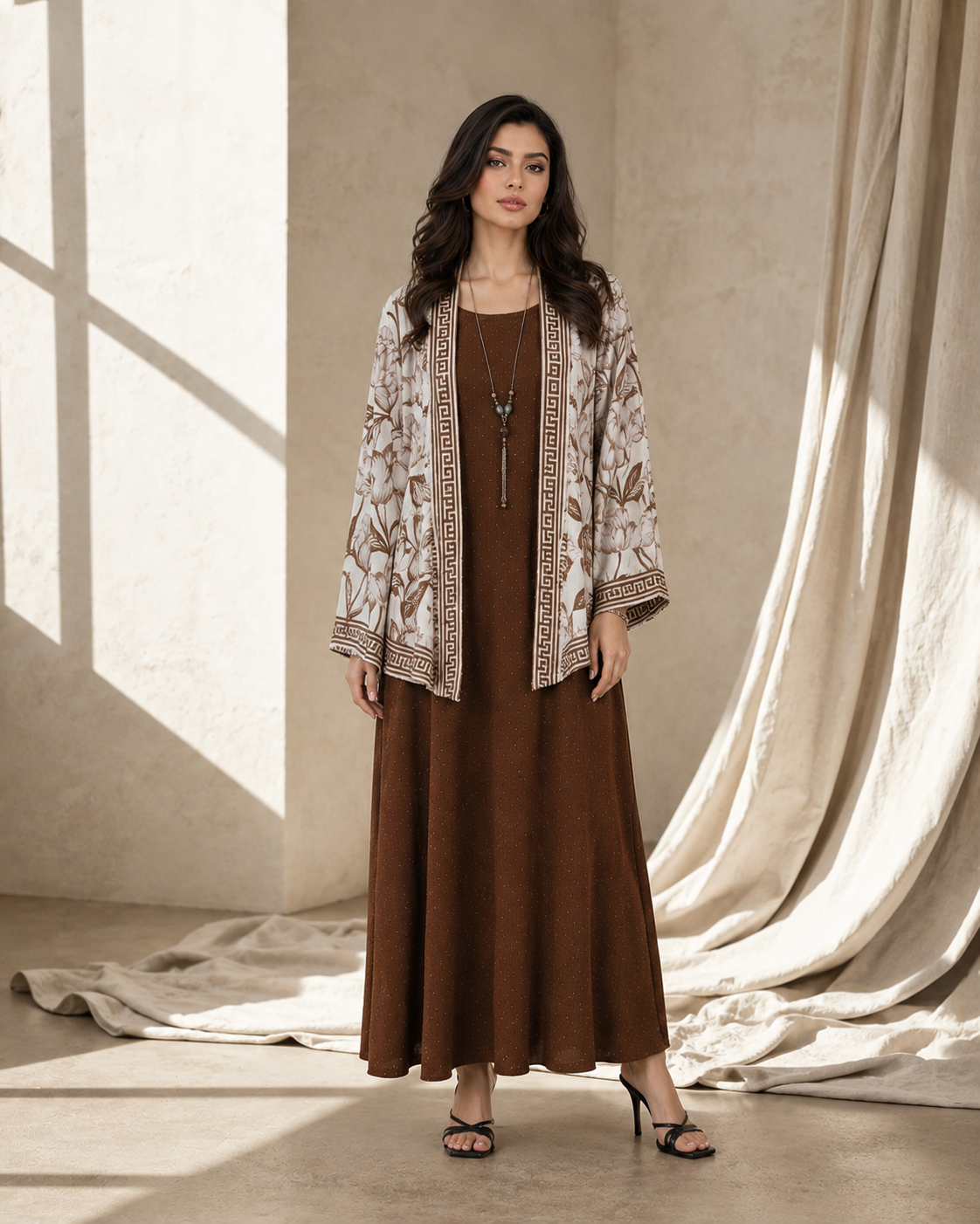 Two Piece Printed Cape With Embellished Inner & Necklace - BROWN