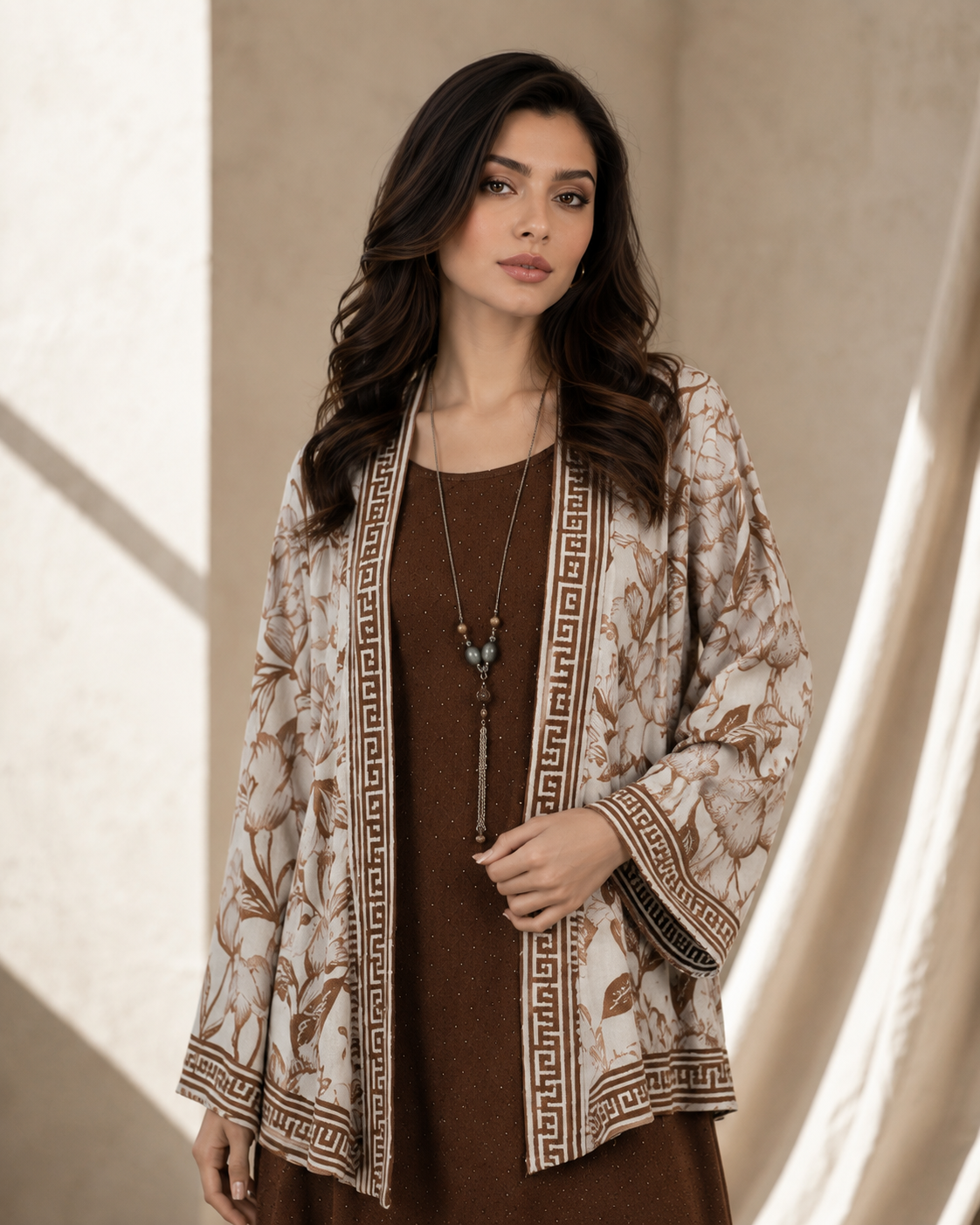 Two Piece Printed Cape With Embellished Inner & Necklace - BROWN