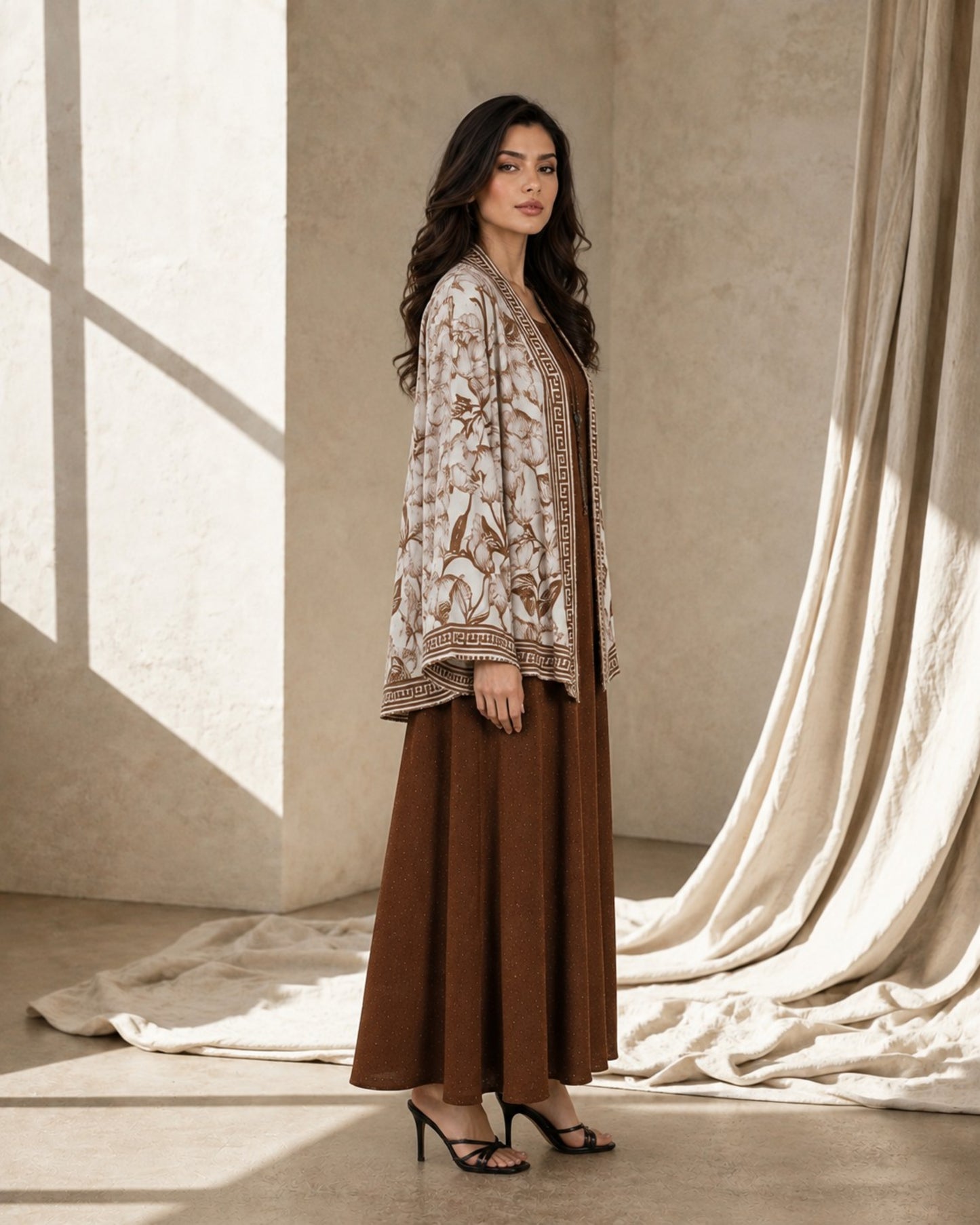 Two Piece Printed Cape With Embellished Inner & Necklace - BROWN
