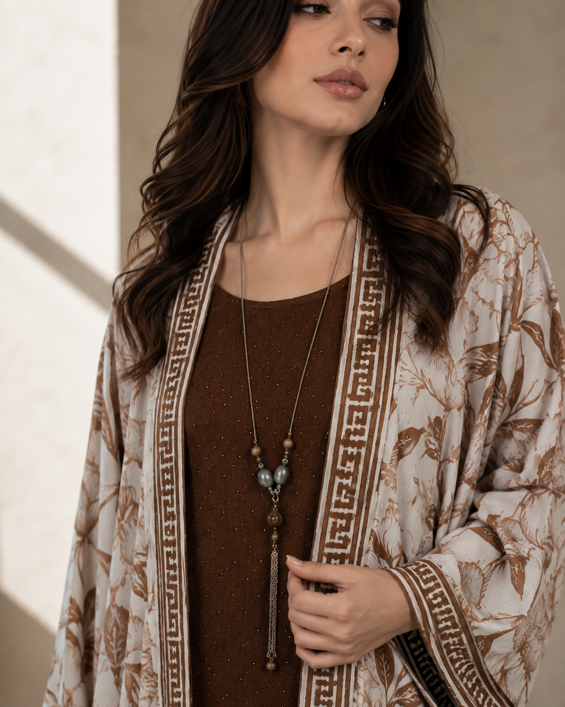Two Piece Printed Cape With Embellished Inner & Necklace - BROWN