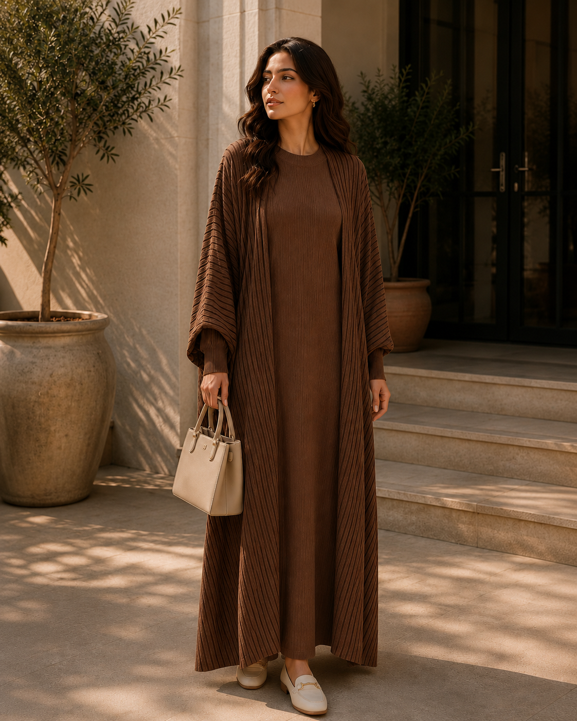Two-piece Stripped Cape and Inner Set - Brown