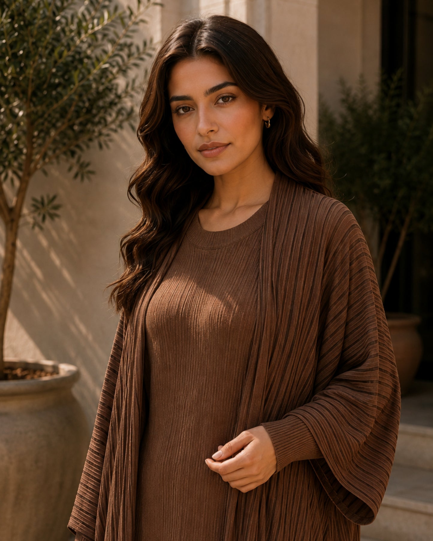 Two-piece Stripped Cape and Inner Set - Brown