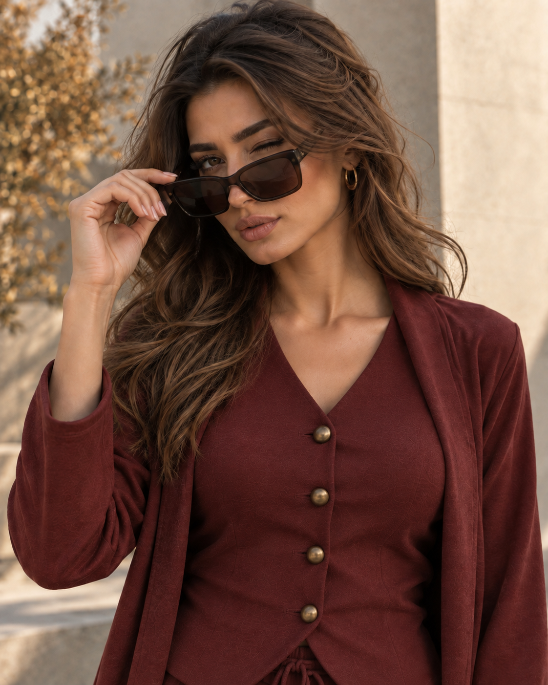 FW26 -Three-piece  Vest, Trousers & Long Coat Set - Maroon
