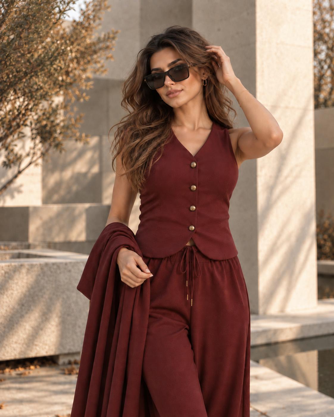 FW26 -Three-piece  Vest, Trousers & Long Coat Set - Maroon