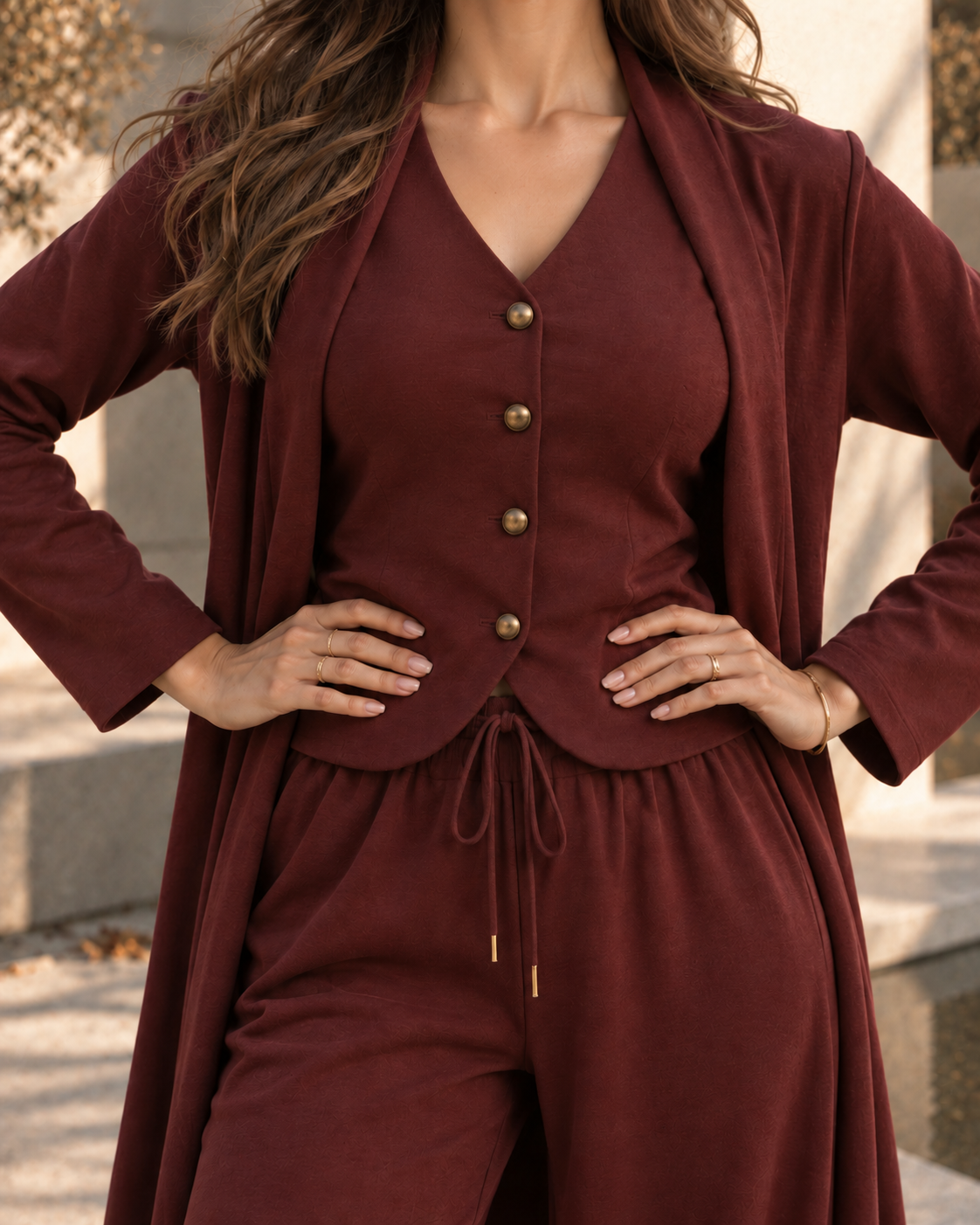 FW26 -Three-piece  Vest, Trousers & Long Coat Set - Maroon