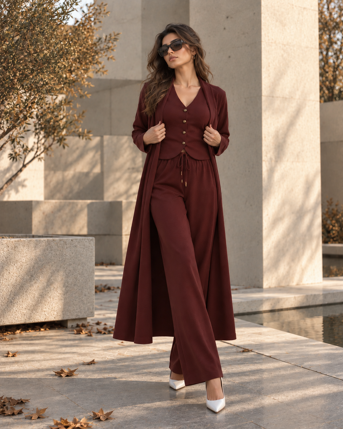 FW26 -Three-piece  Vest, Trousers & Long Coat Set - Maroon