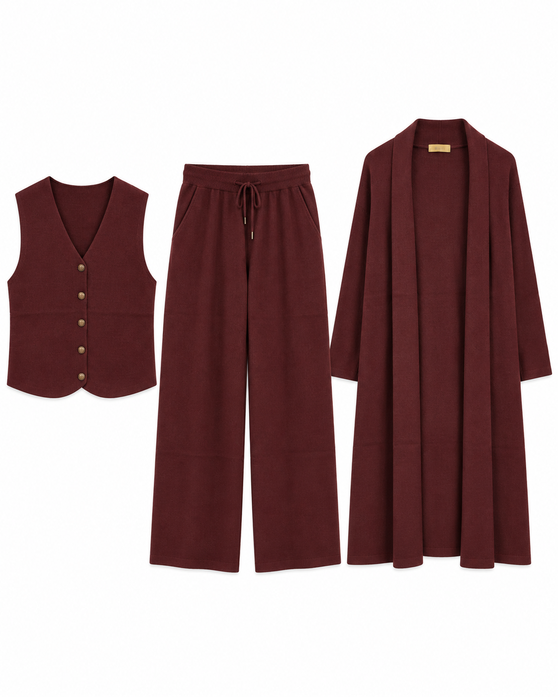 FW26 -Three-piece  Vest, Trousers & Long Coat Set - Maroon